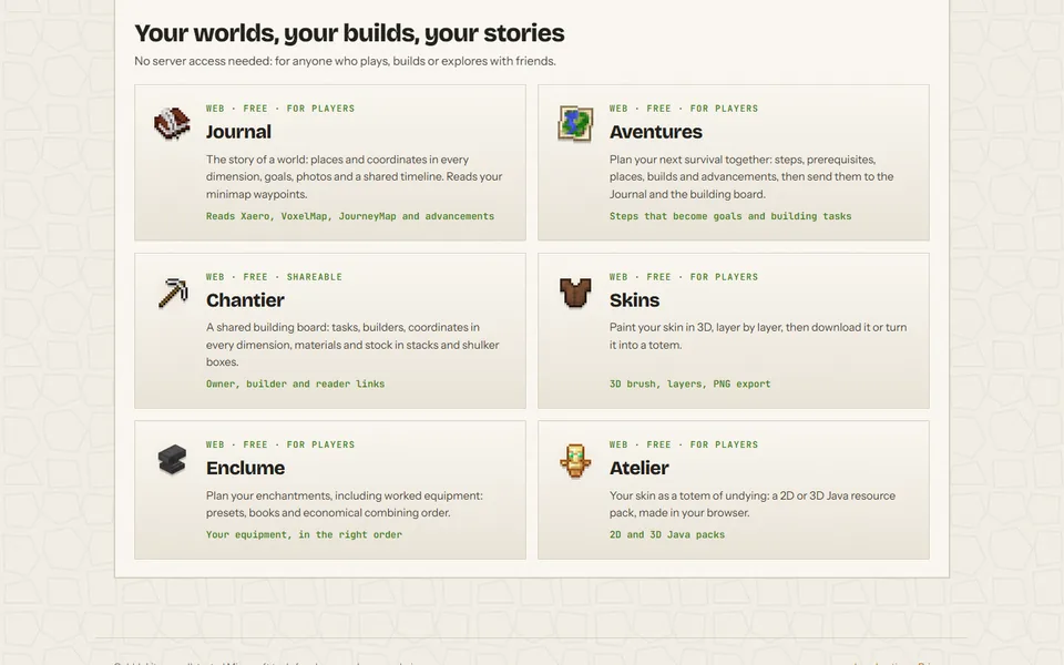 Cobblekit tools for players: Journal, Aventures, Chantier, Skins, Enclume, Atelier
