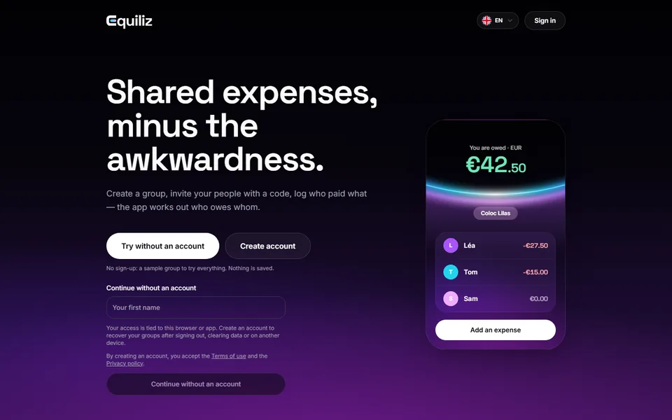 Equiliz home page with a phone showing balances between friends